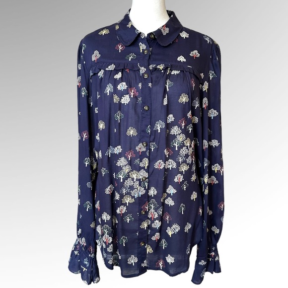 MAEVE BY ANTHROPOLOGIE NAVY TREE PRINT FREDERICKA BUTTON DOWN TOP BLOUSE SIZE 14 - Picture 3 of 12